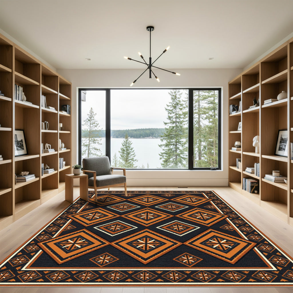 Geometric Ochre and Charcoal Diamond Art Rug