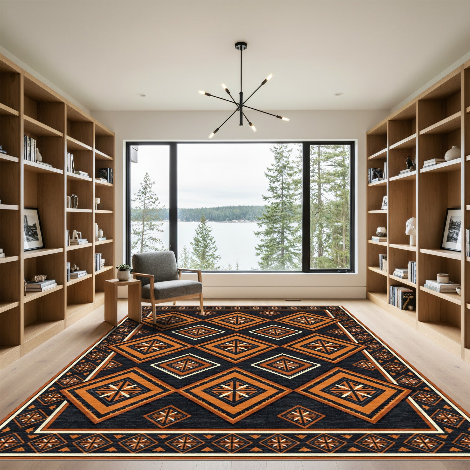 Geometric Ochre and Charcoal Diamond Art Rug