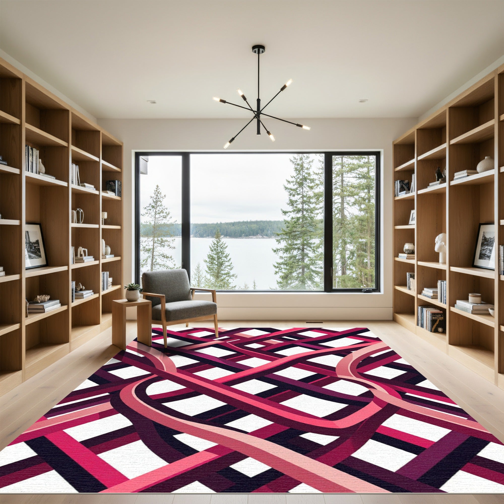 Modern Interwoven Crimson Ribbon Lattice Rug