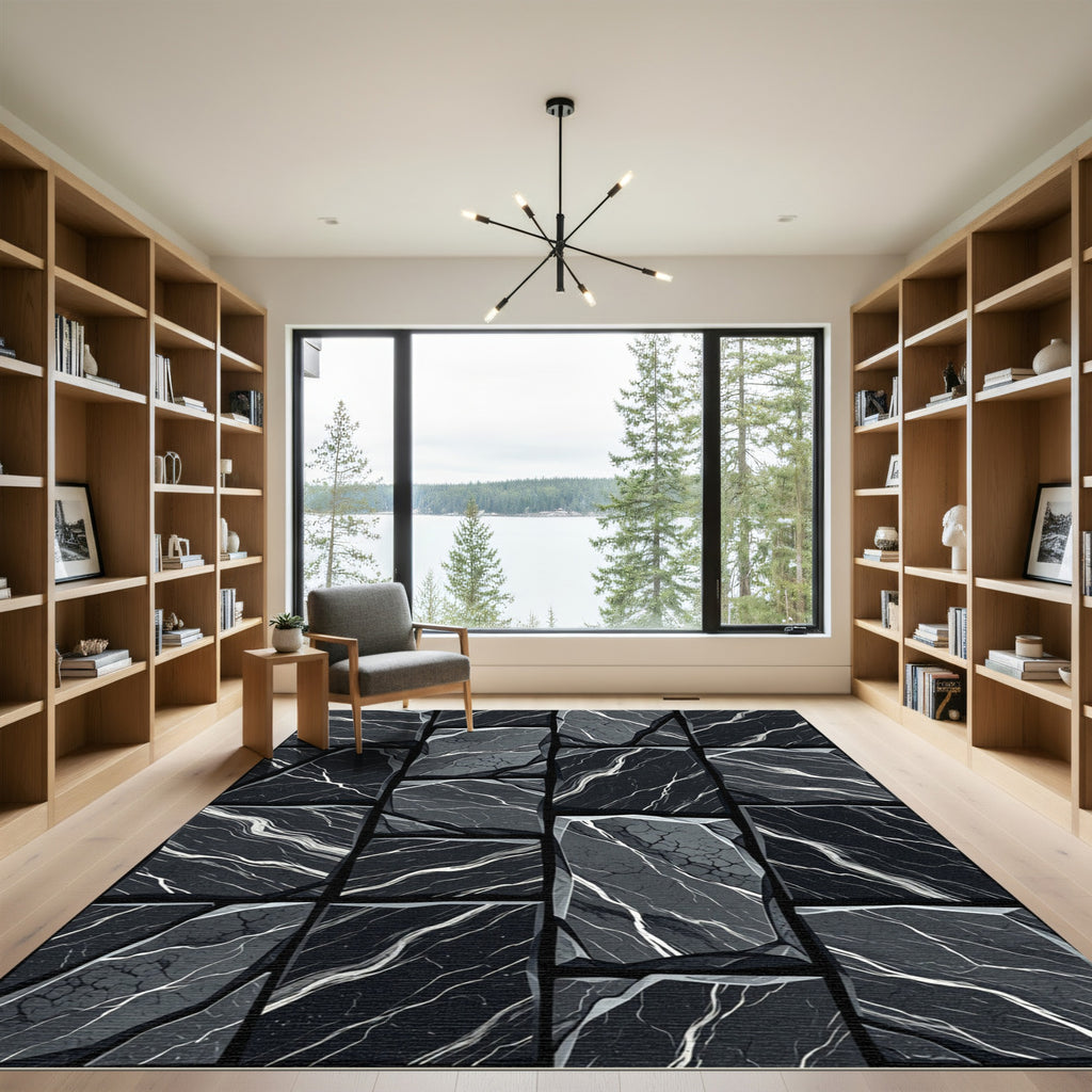 Textured Black Marble Stone Patchwork Rug