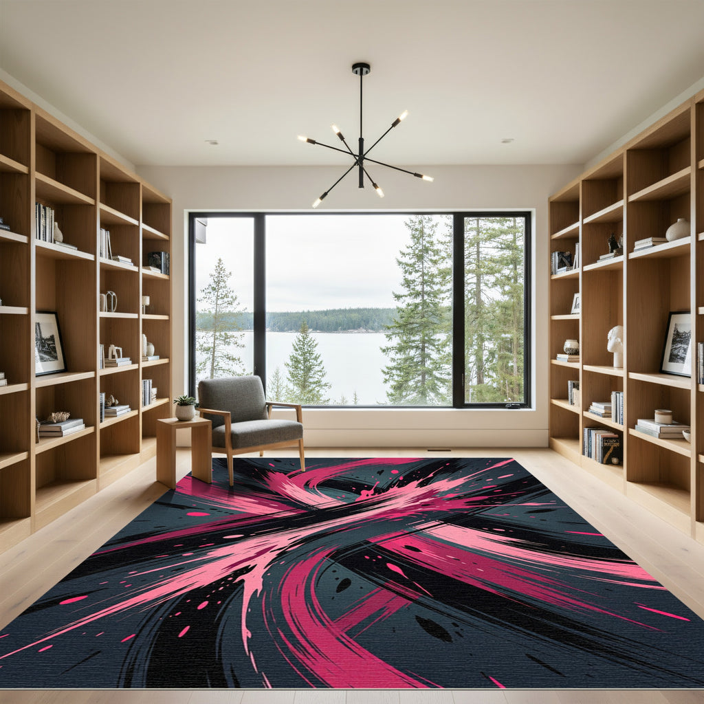 Bold Pink and Black Abstract Swirl Rug