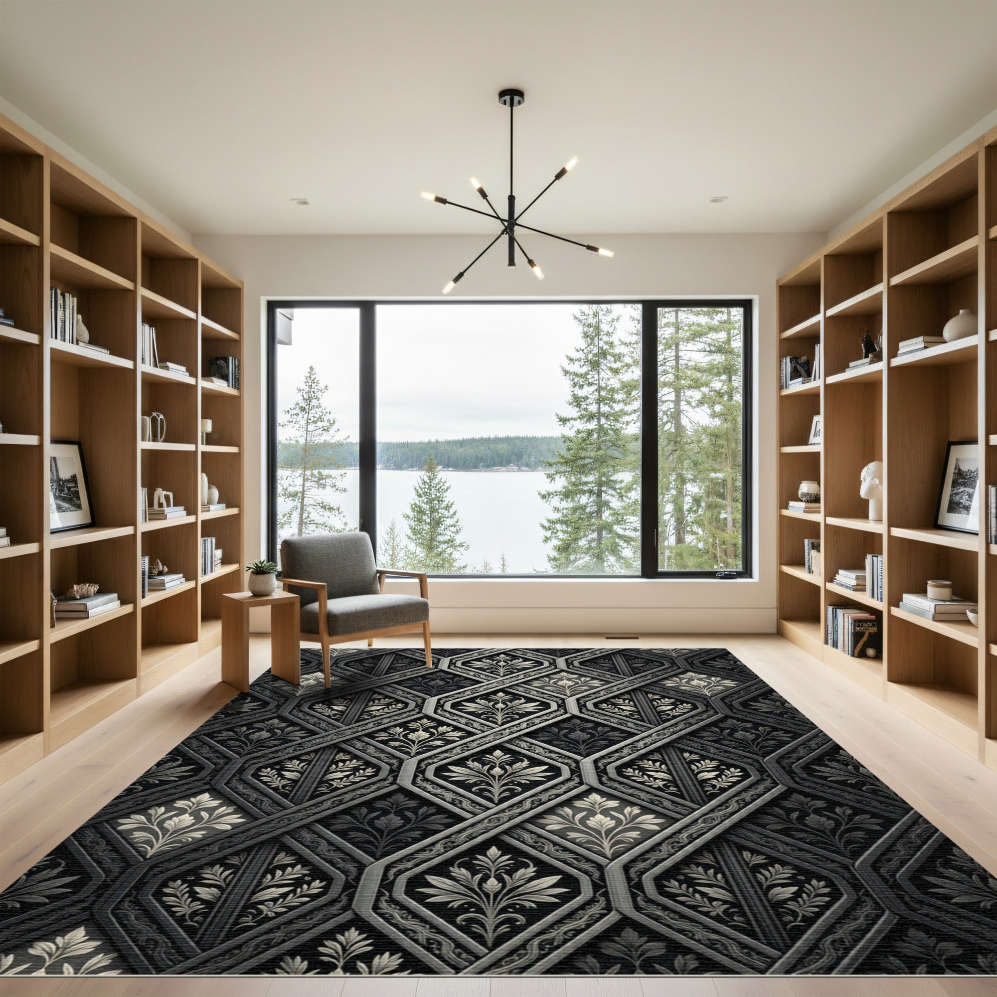 Ornate Gray Floral Damask Lattice Rug