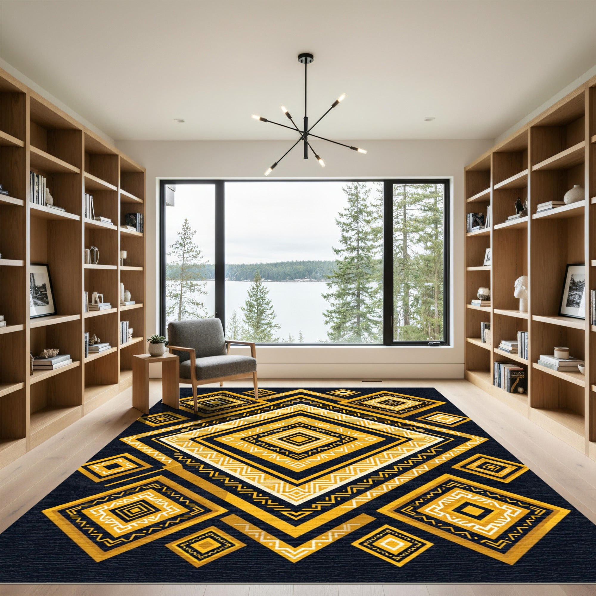 Golden Geometric Diamonds Tribal Art Rug