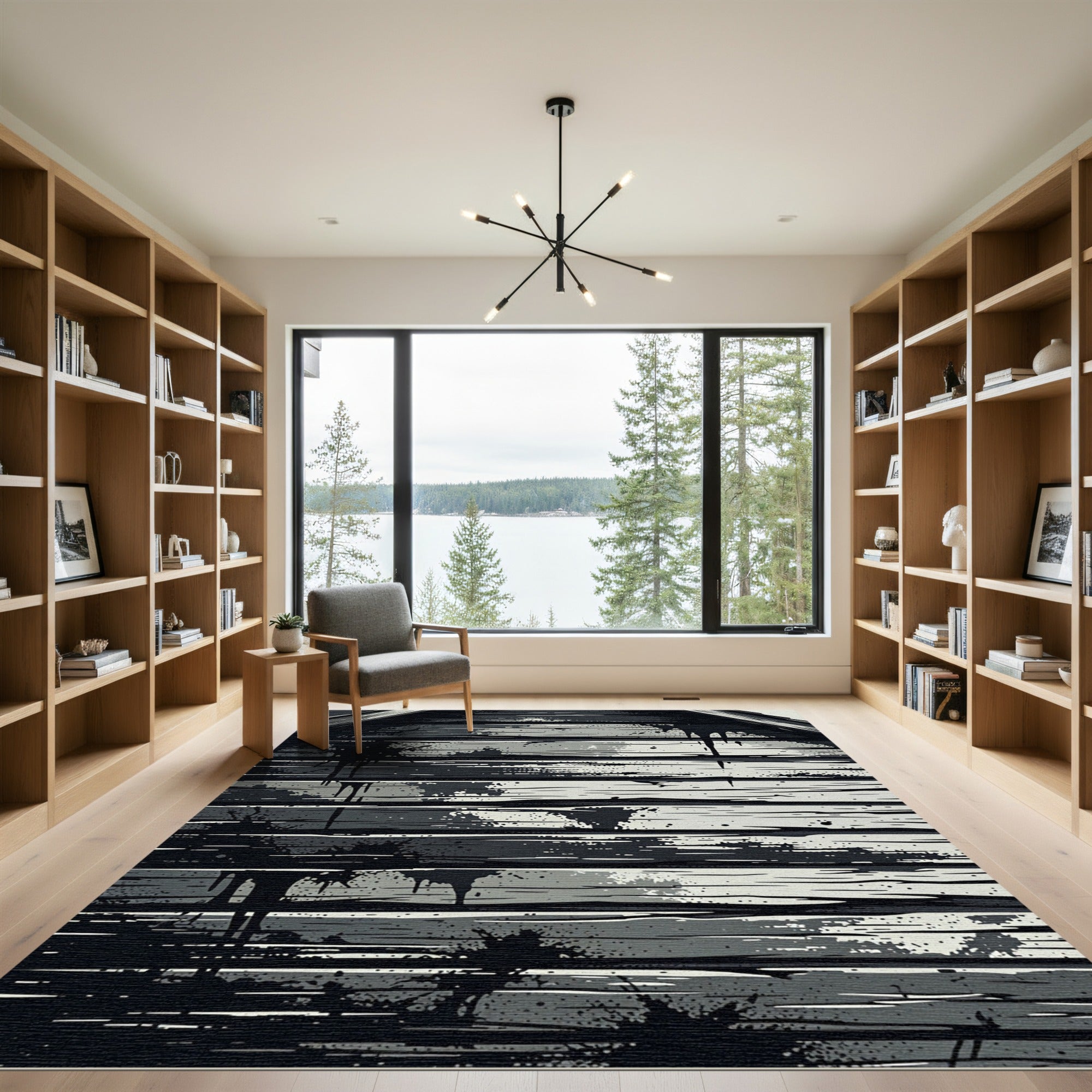 Monochromatic Grungy Wood Grain Splatter Rug