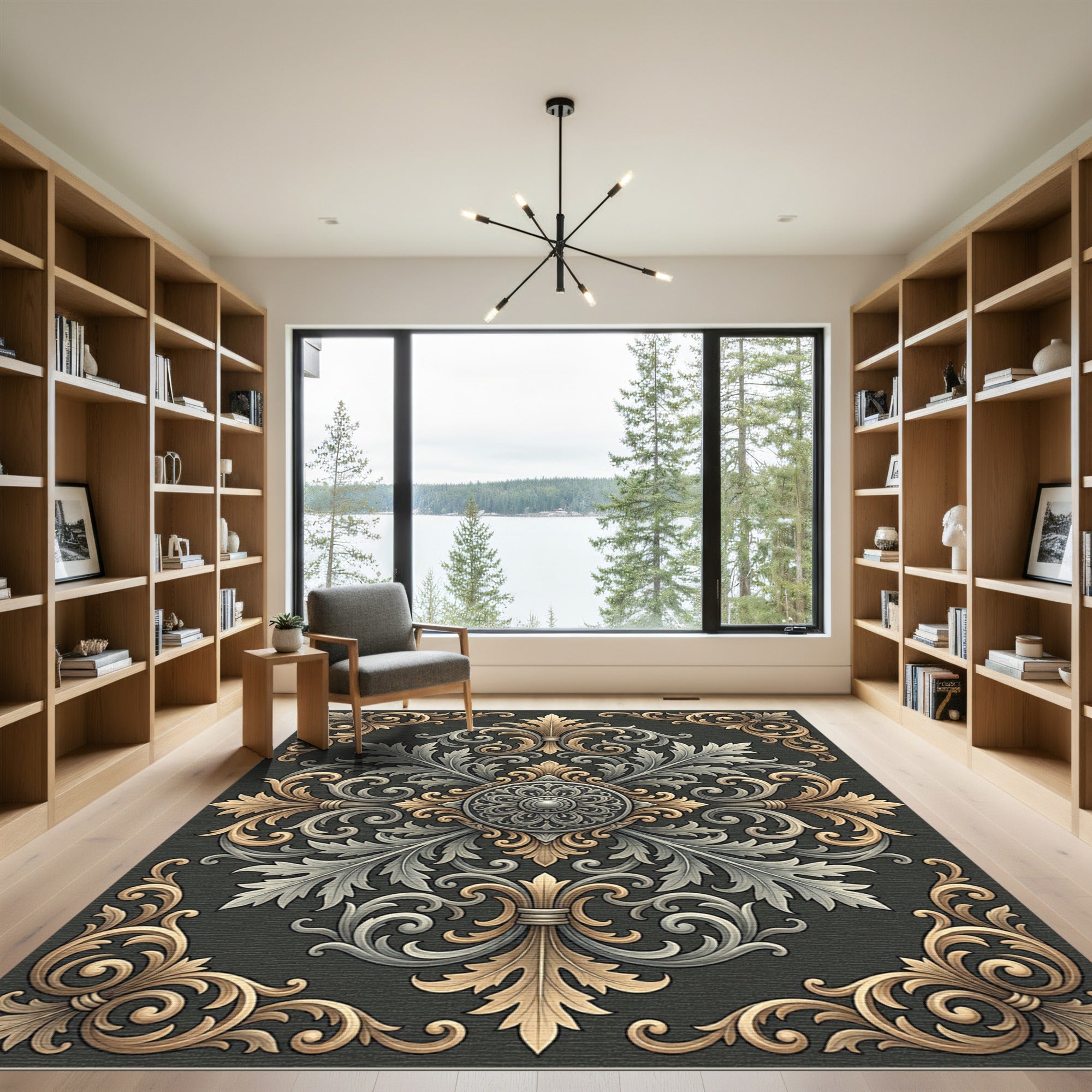 Ornate Gold and Silver Acanthus Medallion Rug