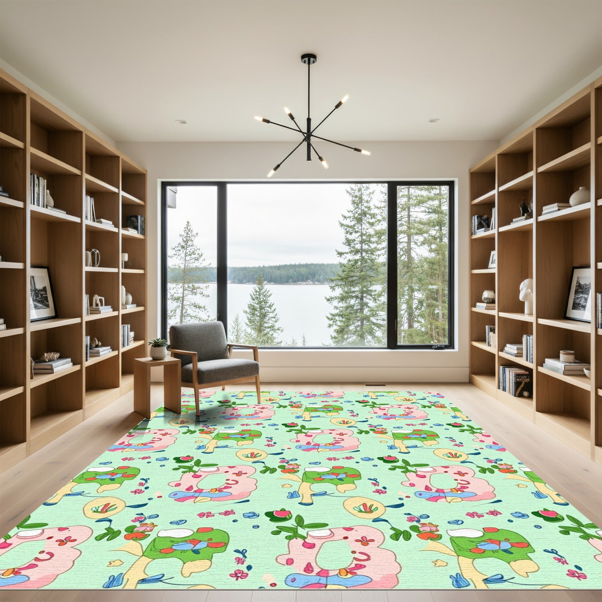 Playful Pink Green Abstract Flowers Rug