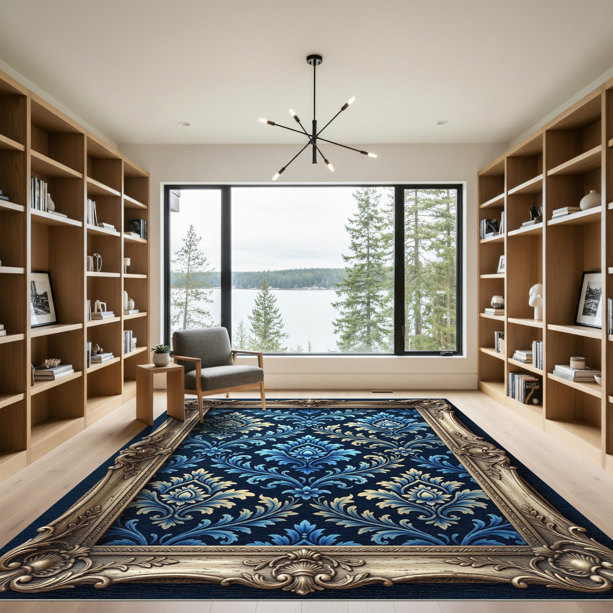 Blue Ornate Damask Scroll Accent Rug