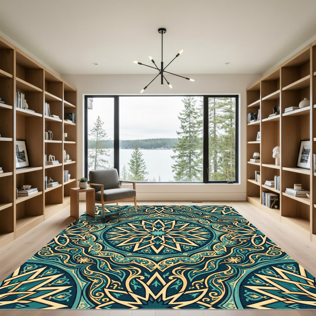Deep Teal Golden Intricate Starburst Rug