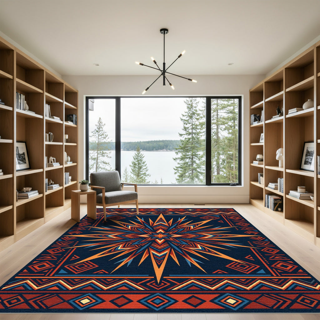 Bold Geometric Sunburst With Tribal Border Rug
