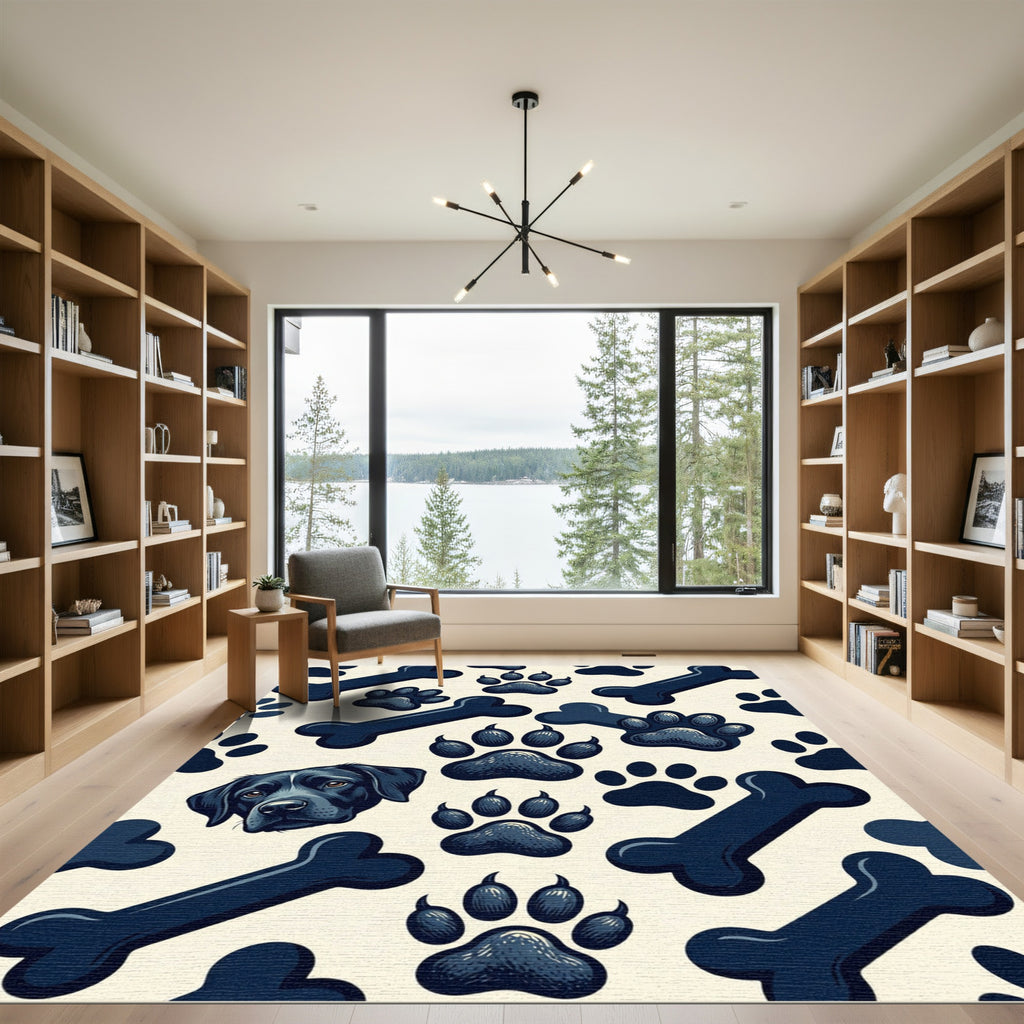 Playful Black Dog Paw and Bone Rug