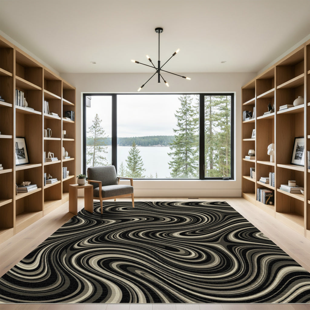 Dark Gray Swirl Marble Abstract Rug