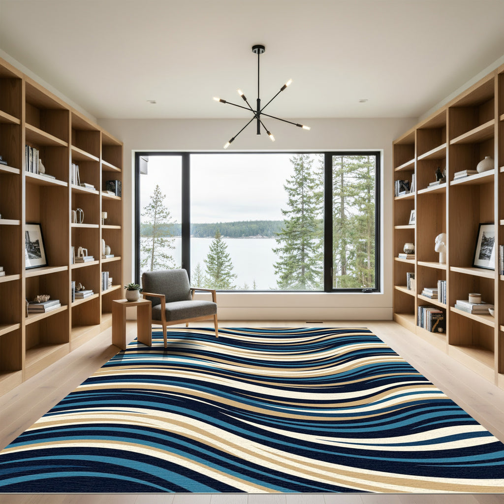Modern Blue and Beige Wavy Lines Rug
