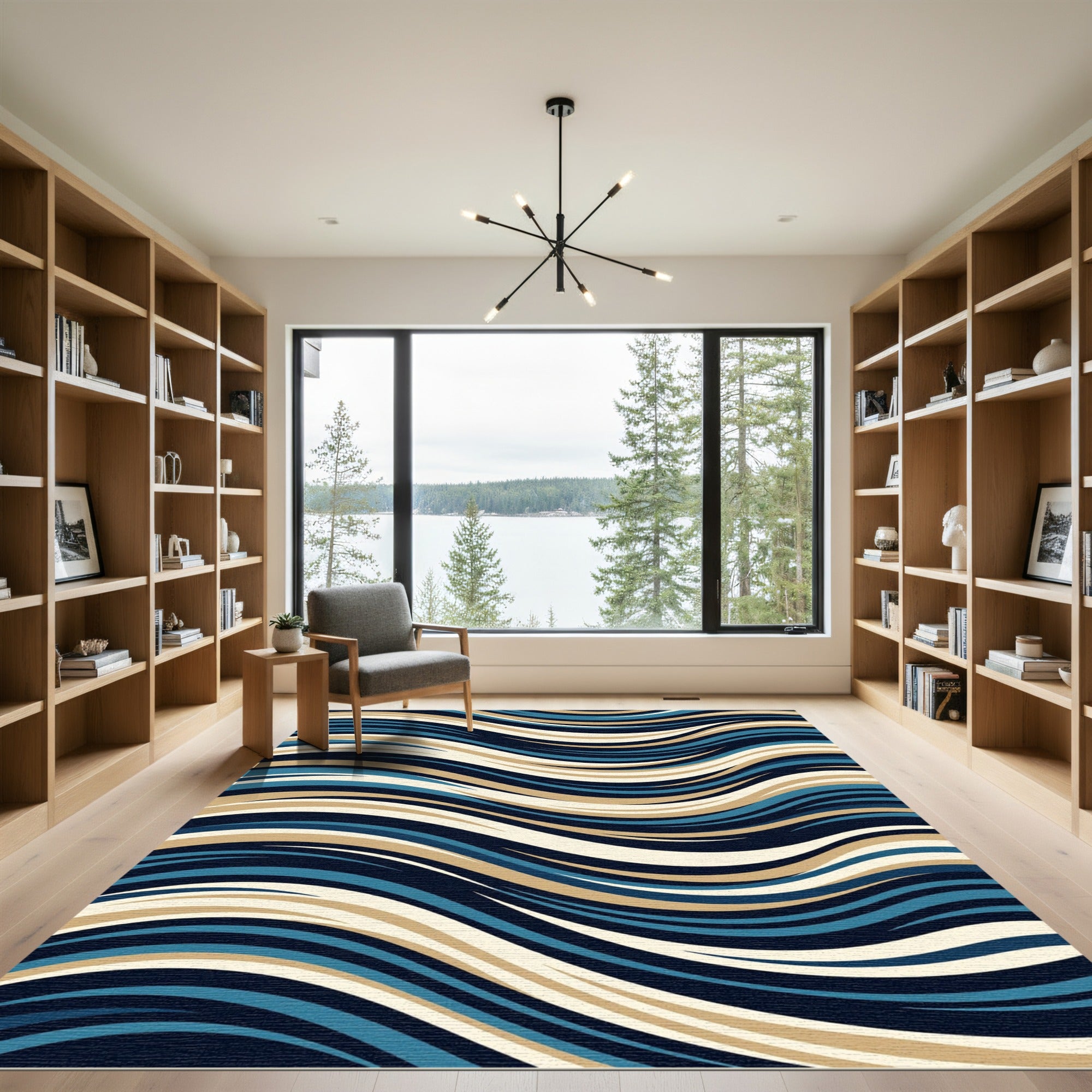 Modern Blue and Beige Wavy Lines Rug
