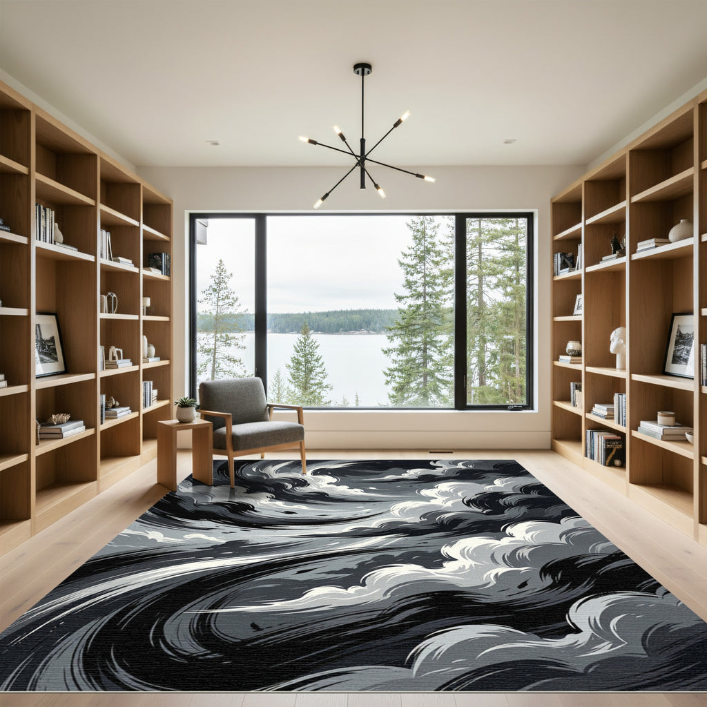 Monochrome Abstract Storm Swirl Rug