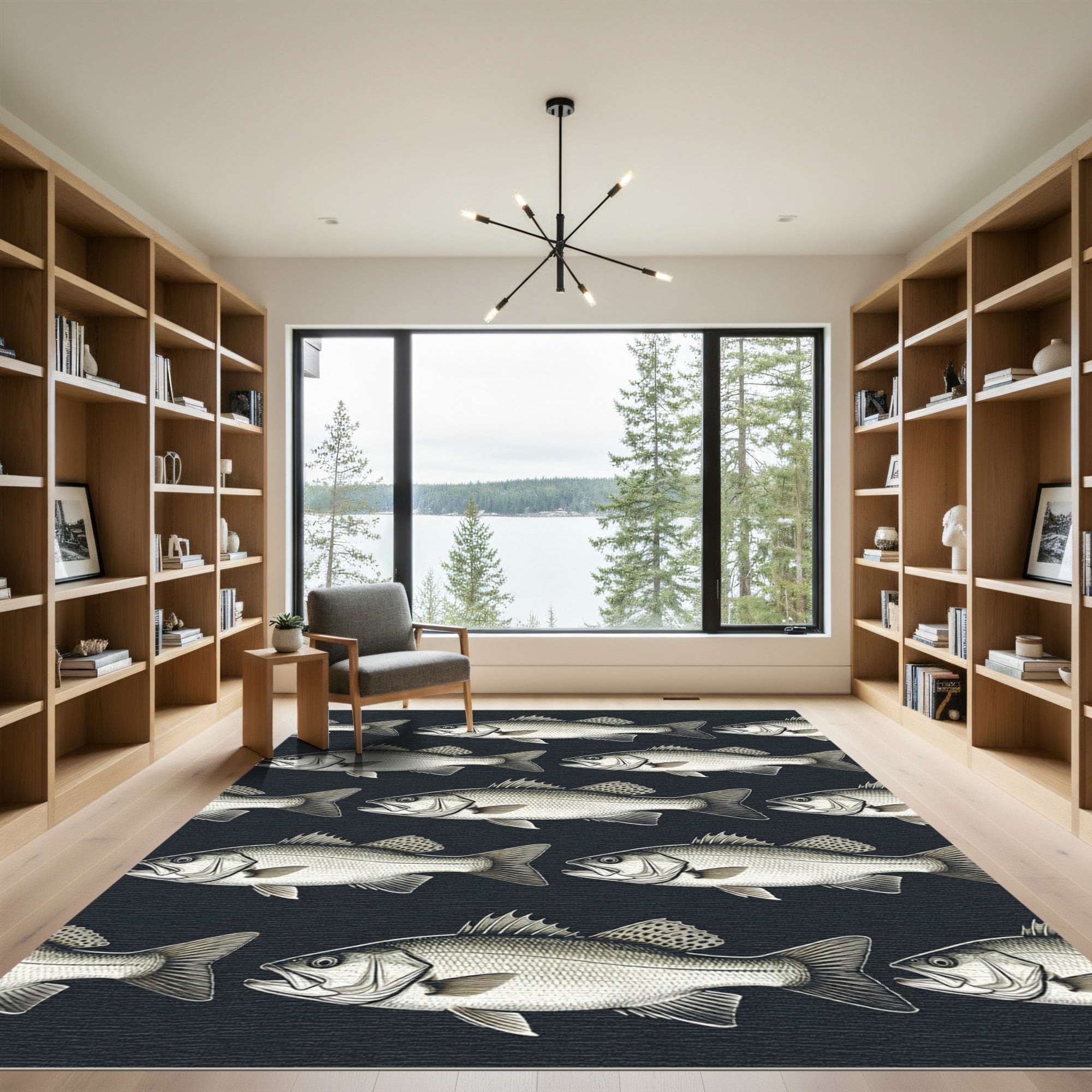Charcoal Black and White Fish School Rug