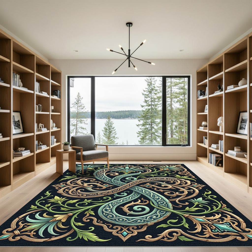 Ornate Teal Golden Floral Scroll Rug