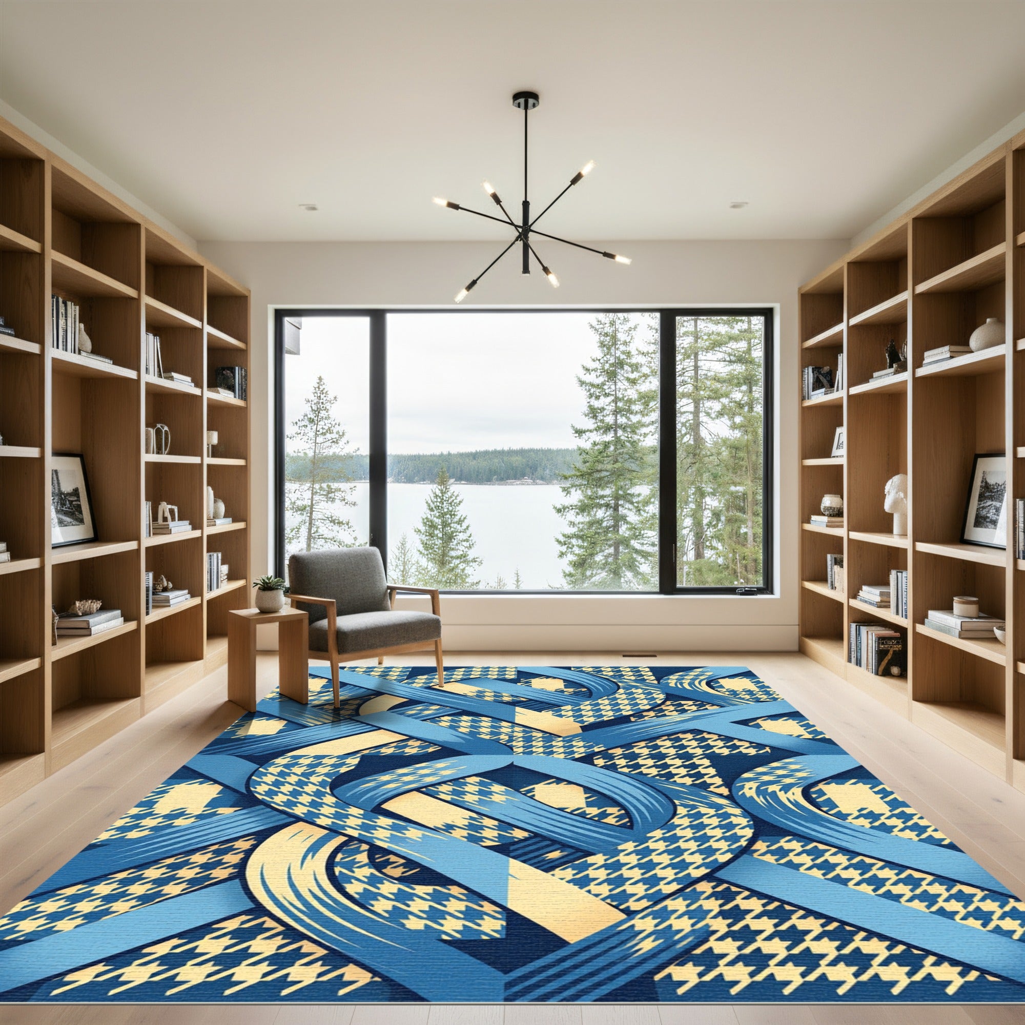 Blue Yellow Houndstooth Interlace Ribbon Rug