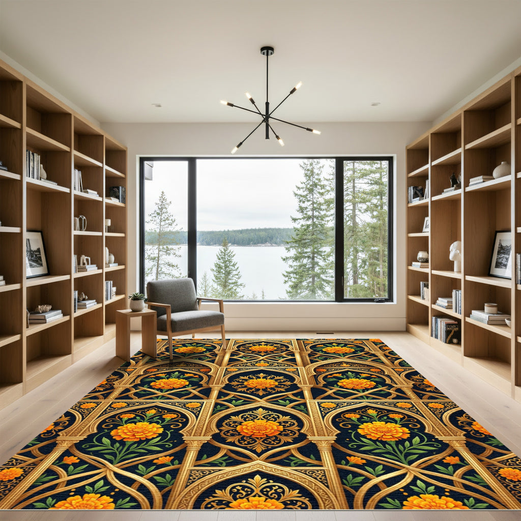 Golden Marigold Floral Arch Tapestry Rug