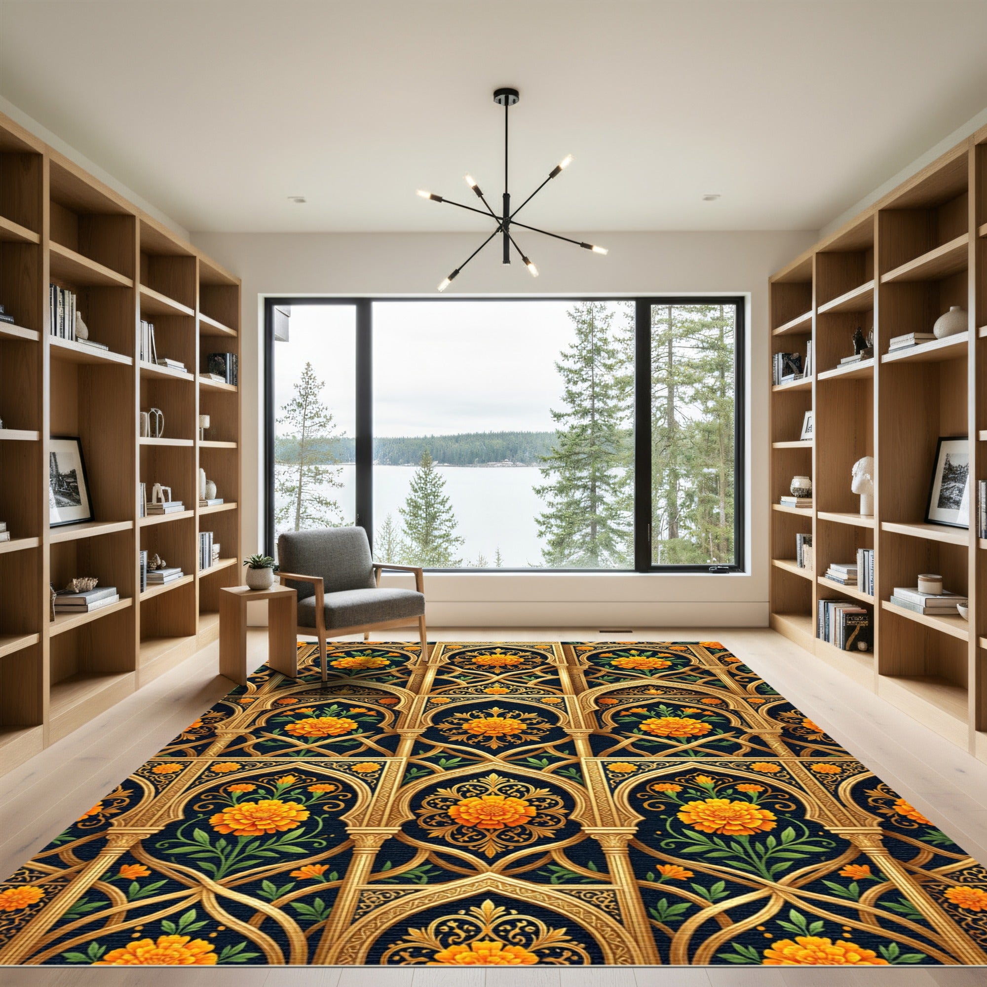 Golden Marigold Floral Arch Tapestry Rug