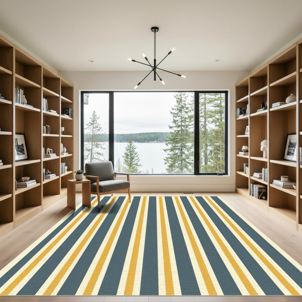 Modern Mustard Yellow Navy Striped Rug