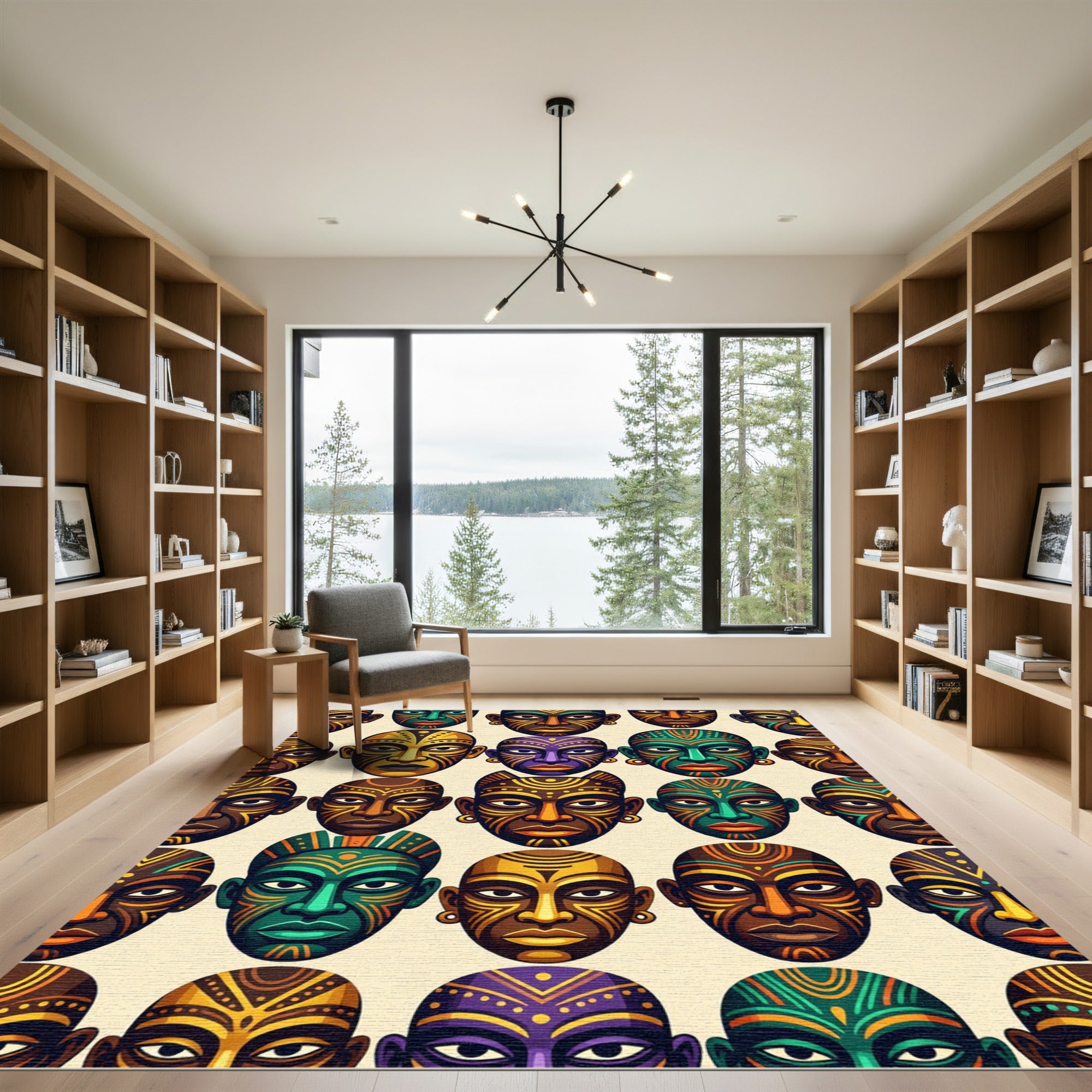 Vibrant Multicolored Tribal Mask Composition Rug