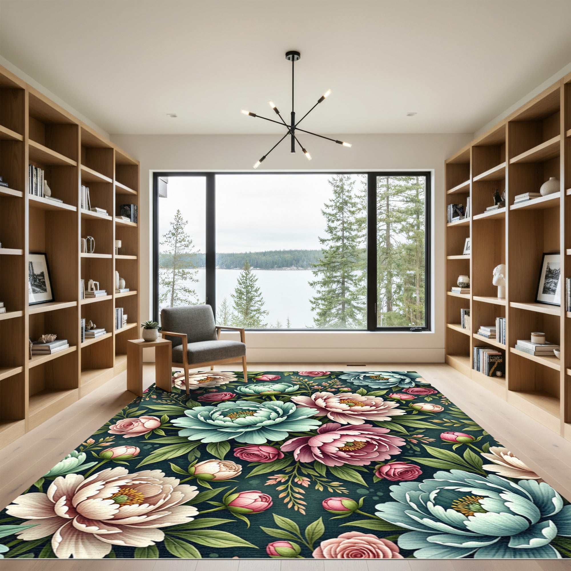 Lush Pink Teal Peony Garden Rug