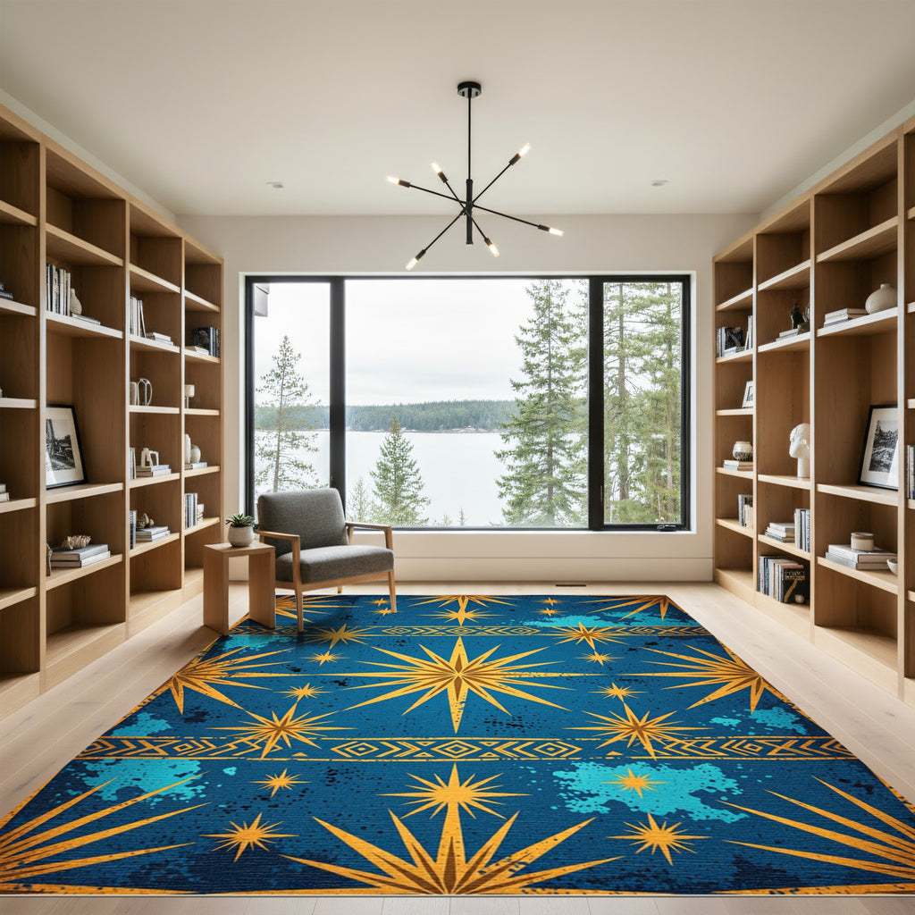 Celestial Gold Starry Blue Geometric Rug