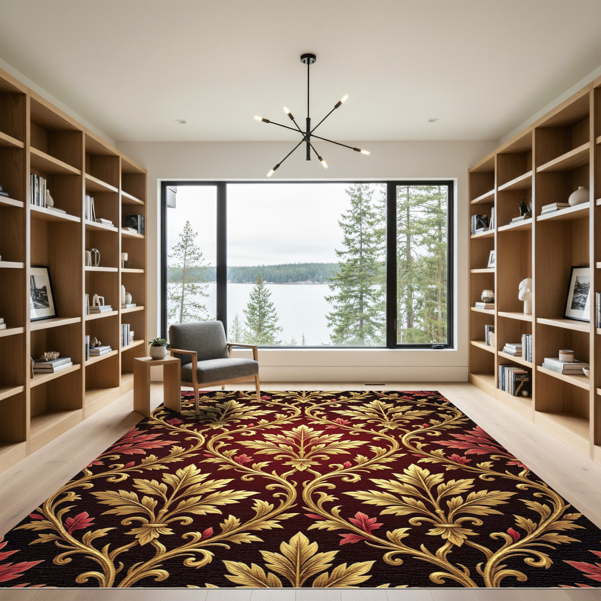 Ornate Gold Leaf Red Damask Rug