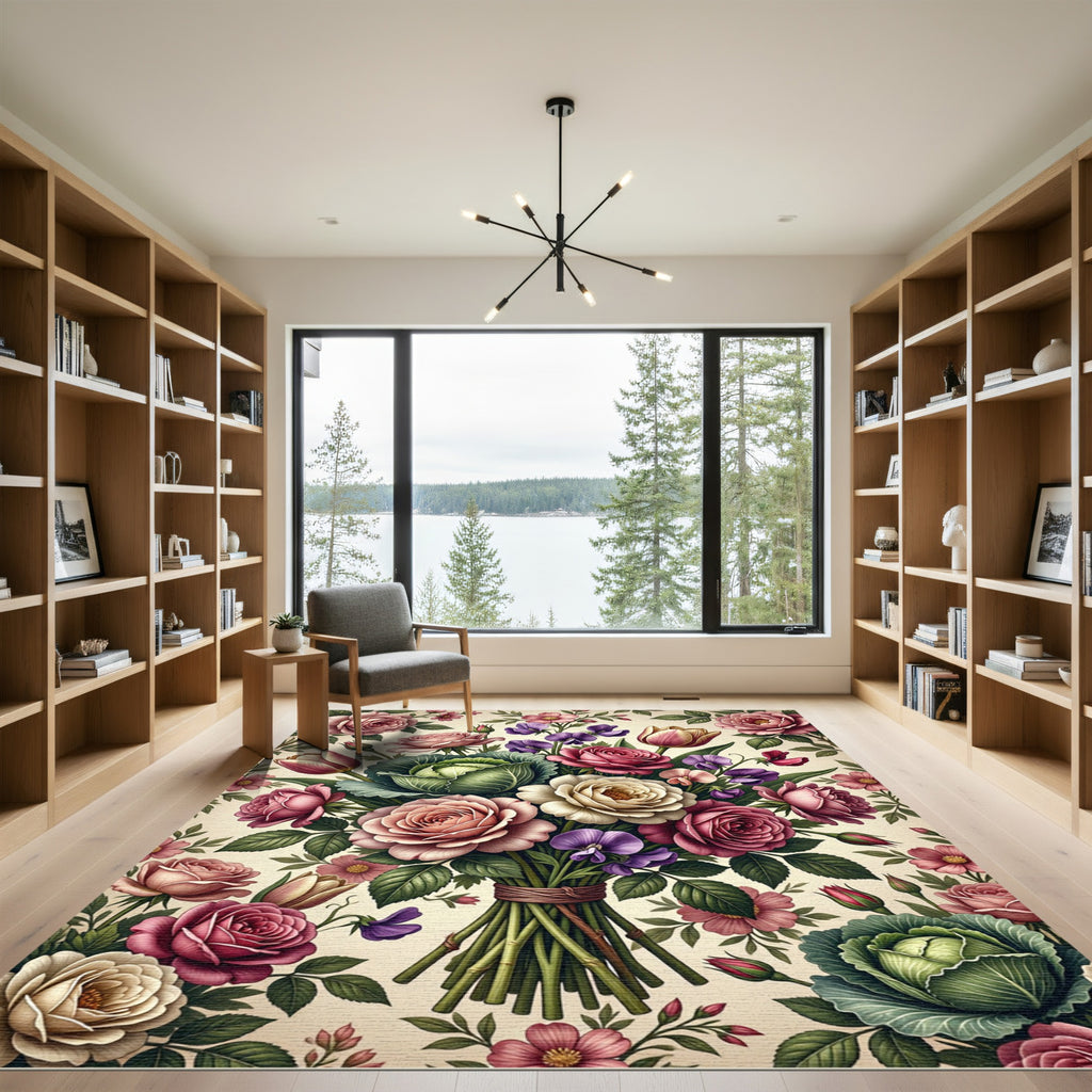 Romantic Pastel Rose and Cabbage Bouquet Rug