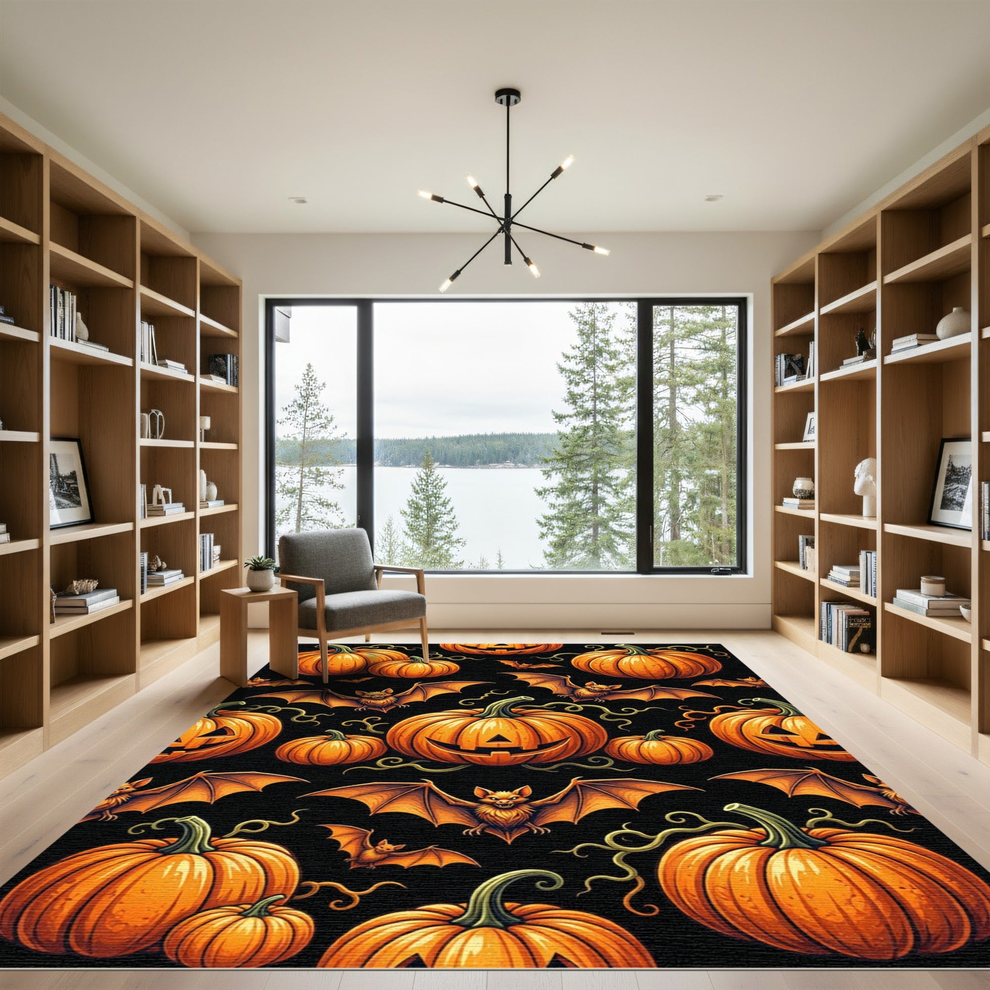 Spooky Orange Jack O Lantern Bat Rug