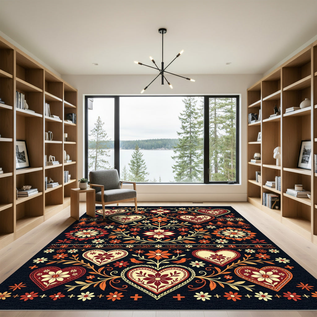 Crimson Ivory Folk Heart Floral Garden Rug