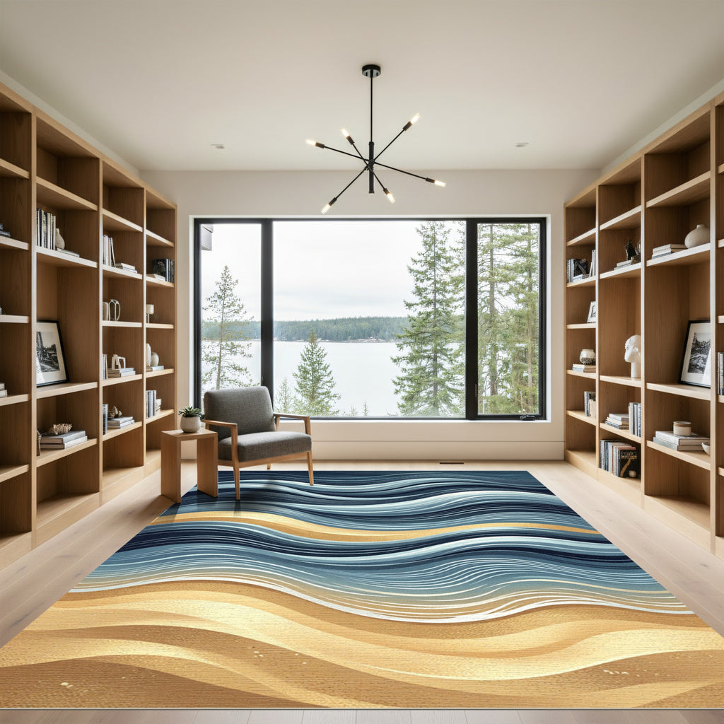 Fluid Gold and Navy Abstract Waves Rug