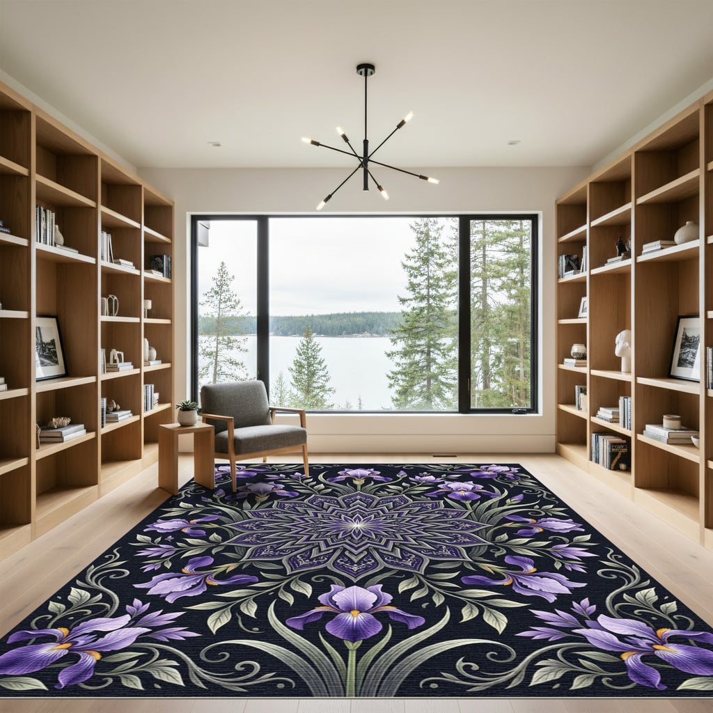 Elegant Violet Iris Mandala Botanical Rug
