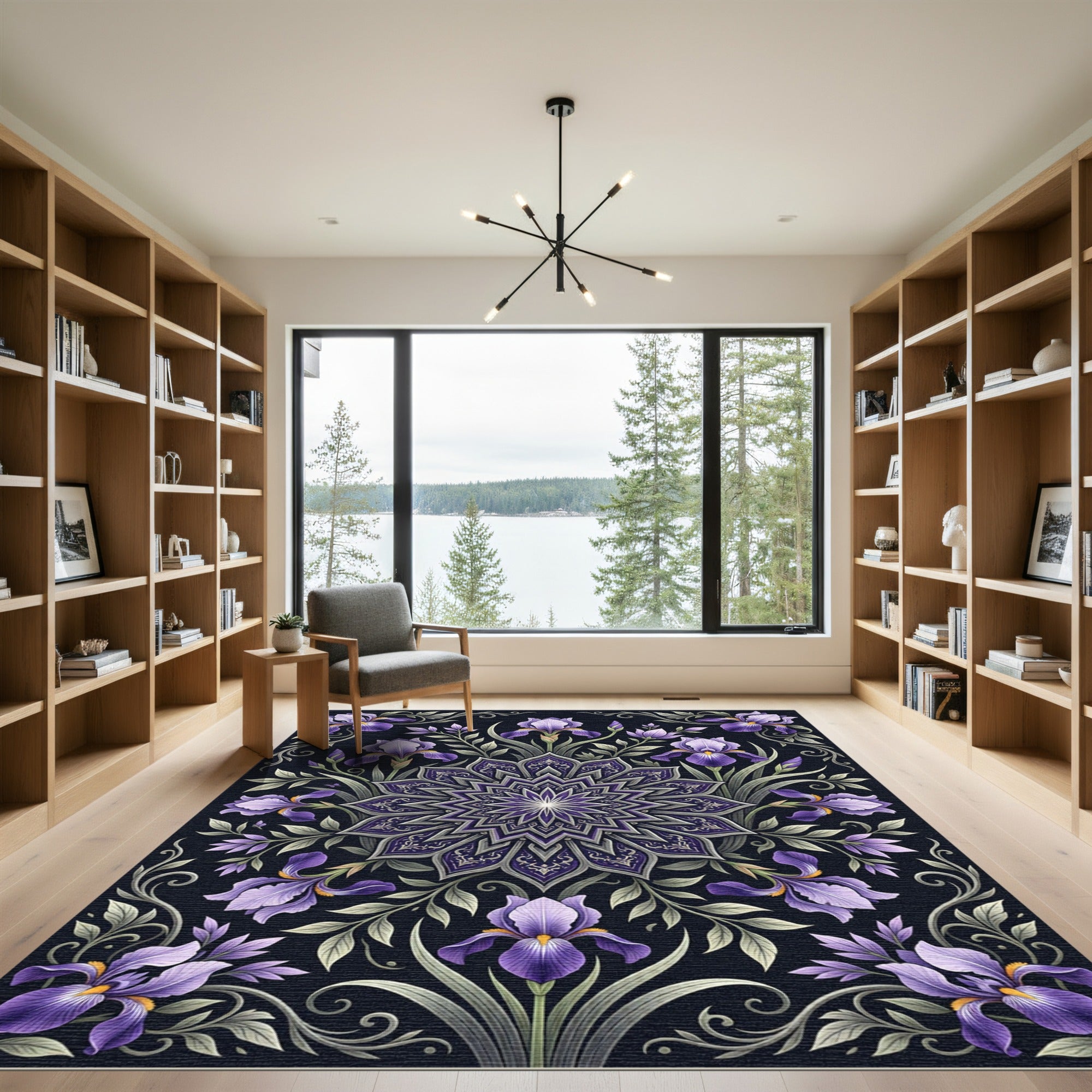 Elegant Violet Iris Mandala Botanical Rug