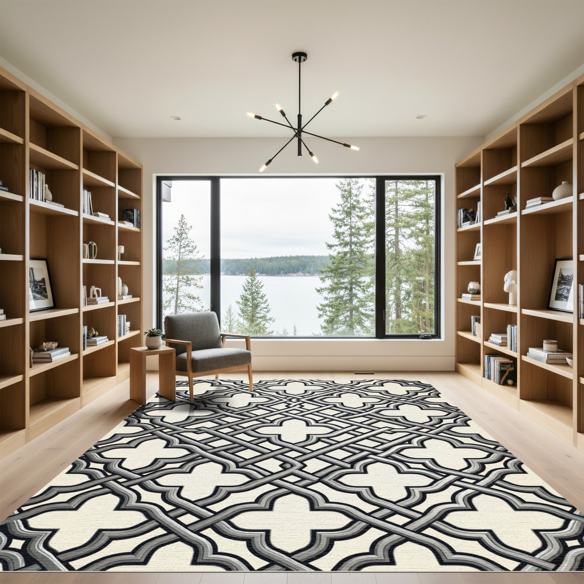 Elegant Gray Interlocking Geometric Lattice Rug