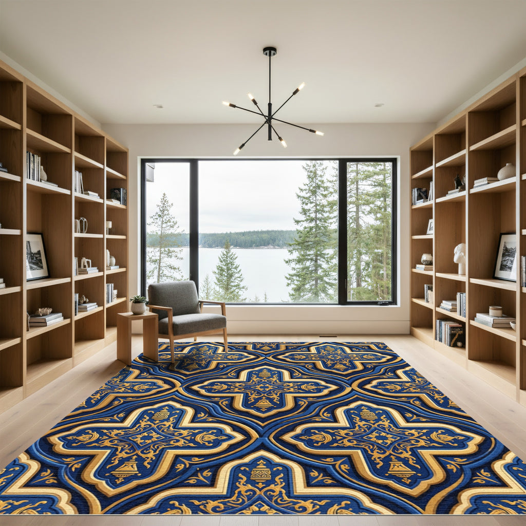 Golden Embellished Royal Blue Quatrefoil Rug