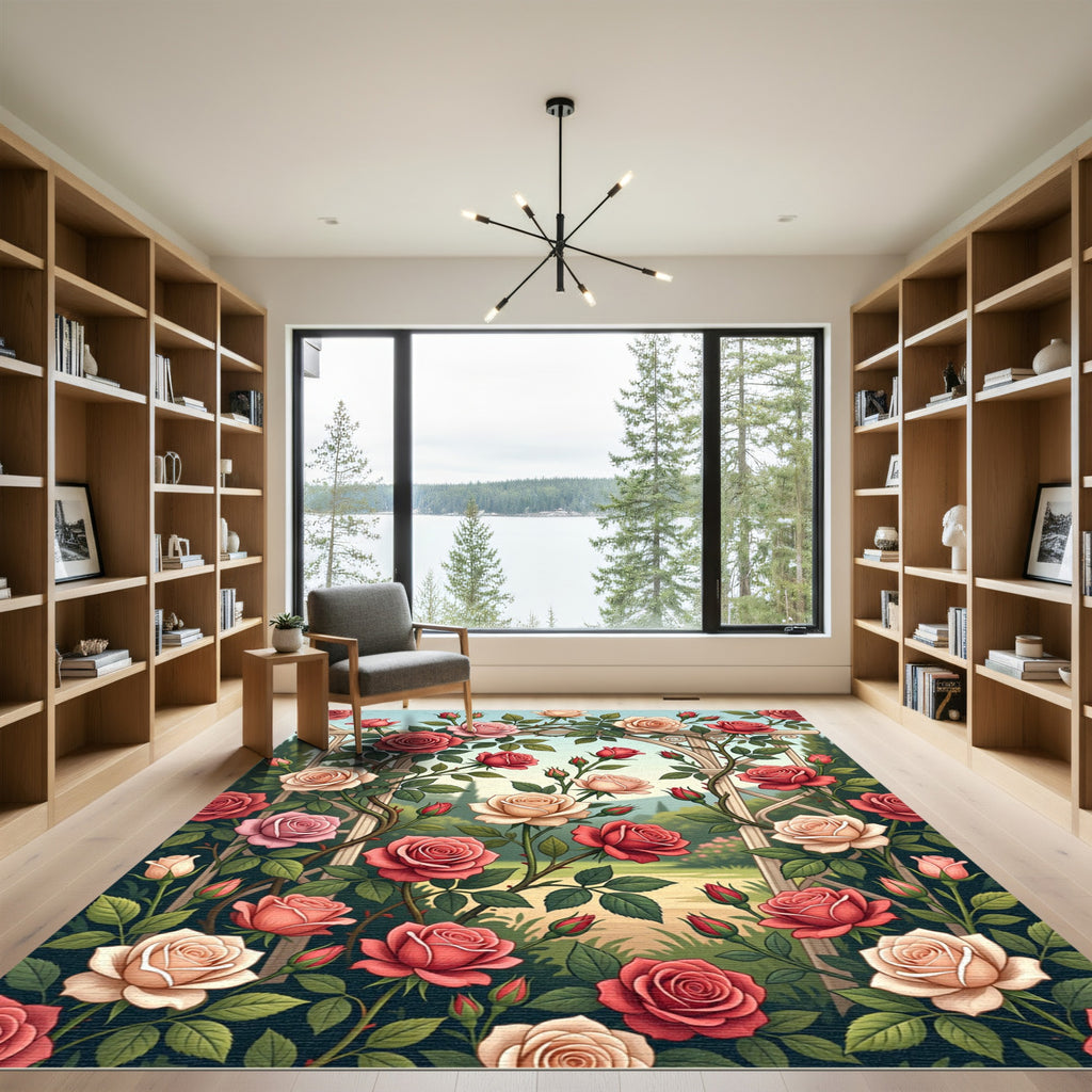 Romantic Crimson Cream Rose Trellis Rug