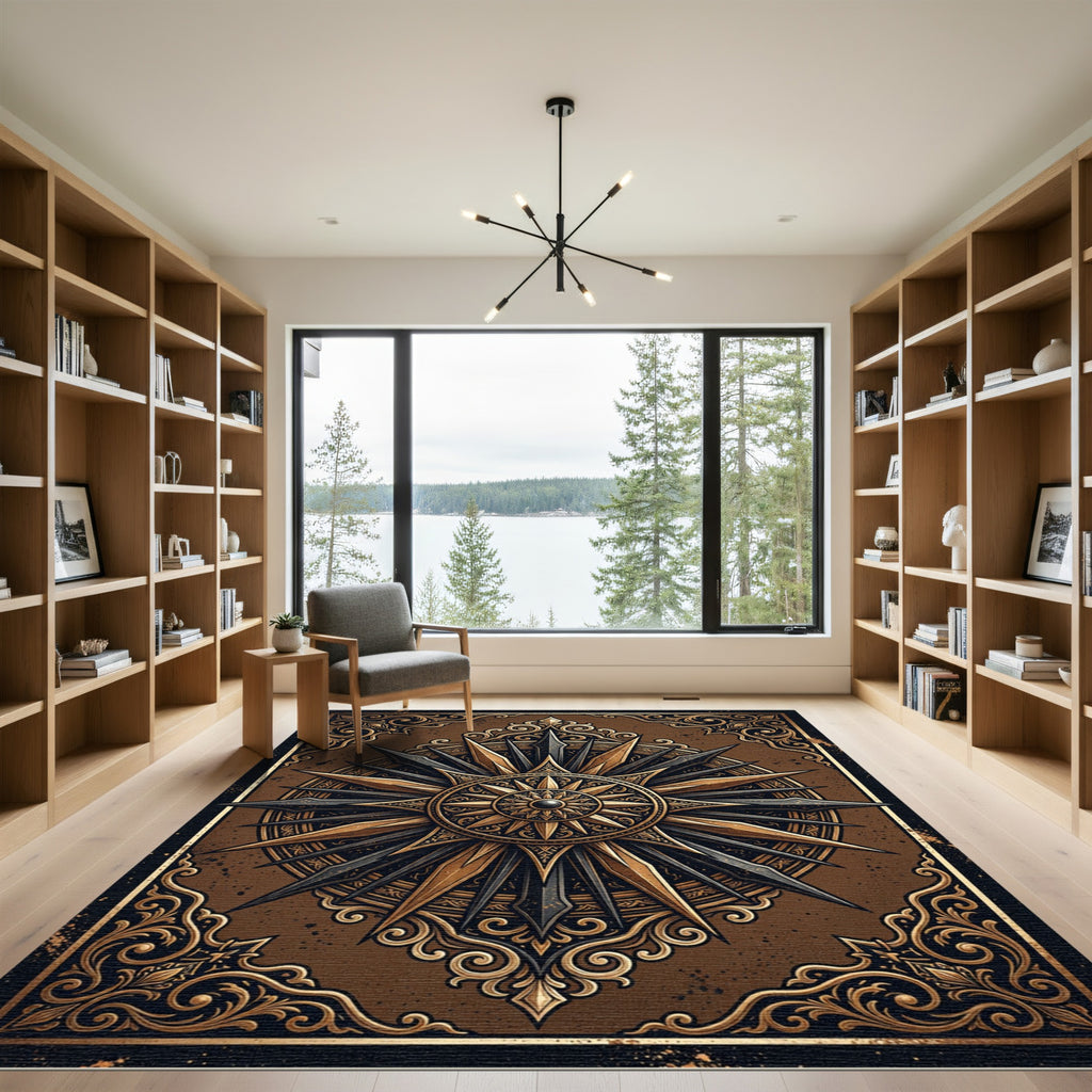 Ornate Bronze Compass Star Medallion Rug