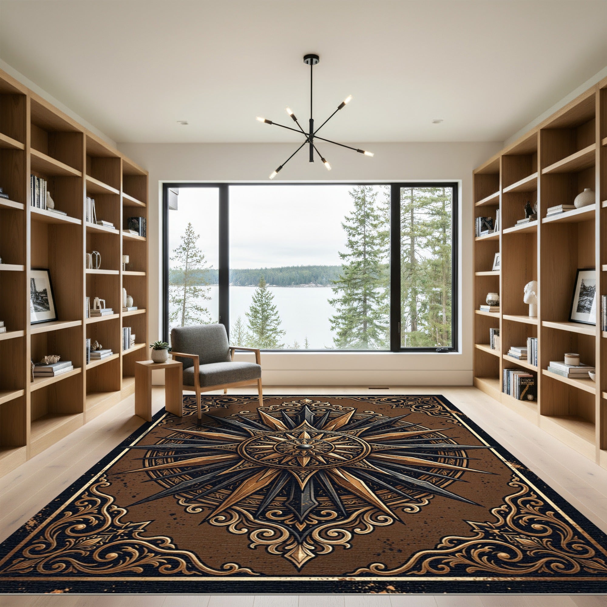 Ornate Bronze Compass Star Medallion Rug