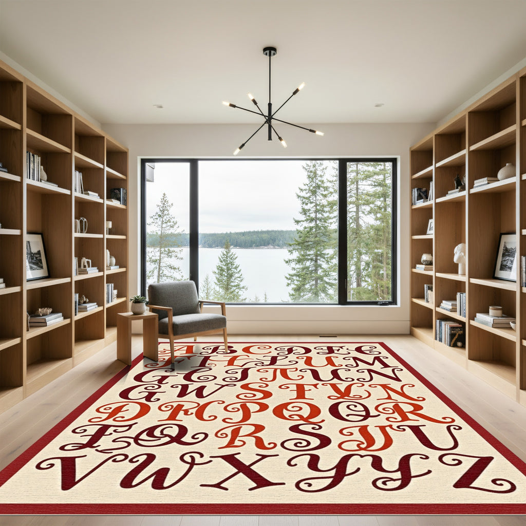 Bold Burgundy Alphabet Scroll Work Rug
