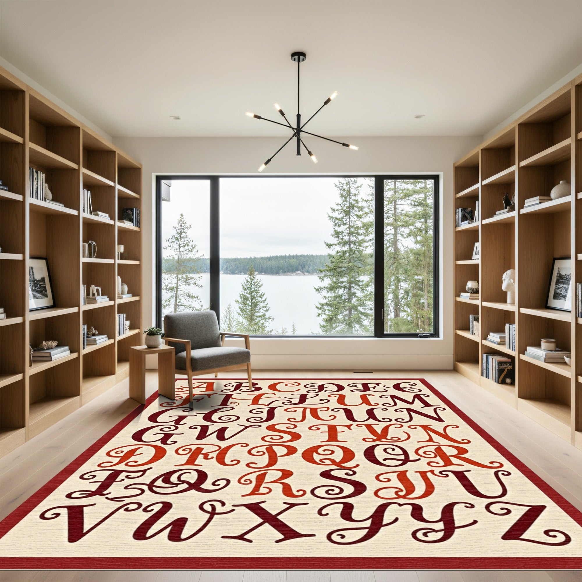 Bold Burgundy Alphabet Scroll Work Rug