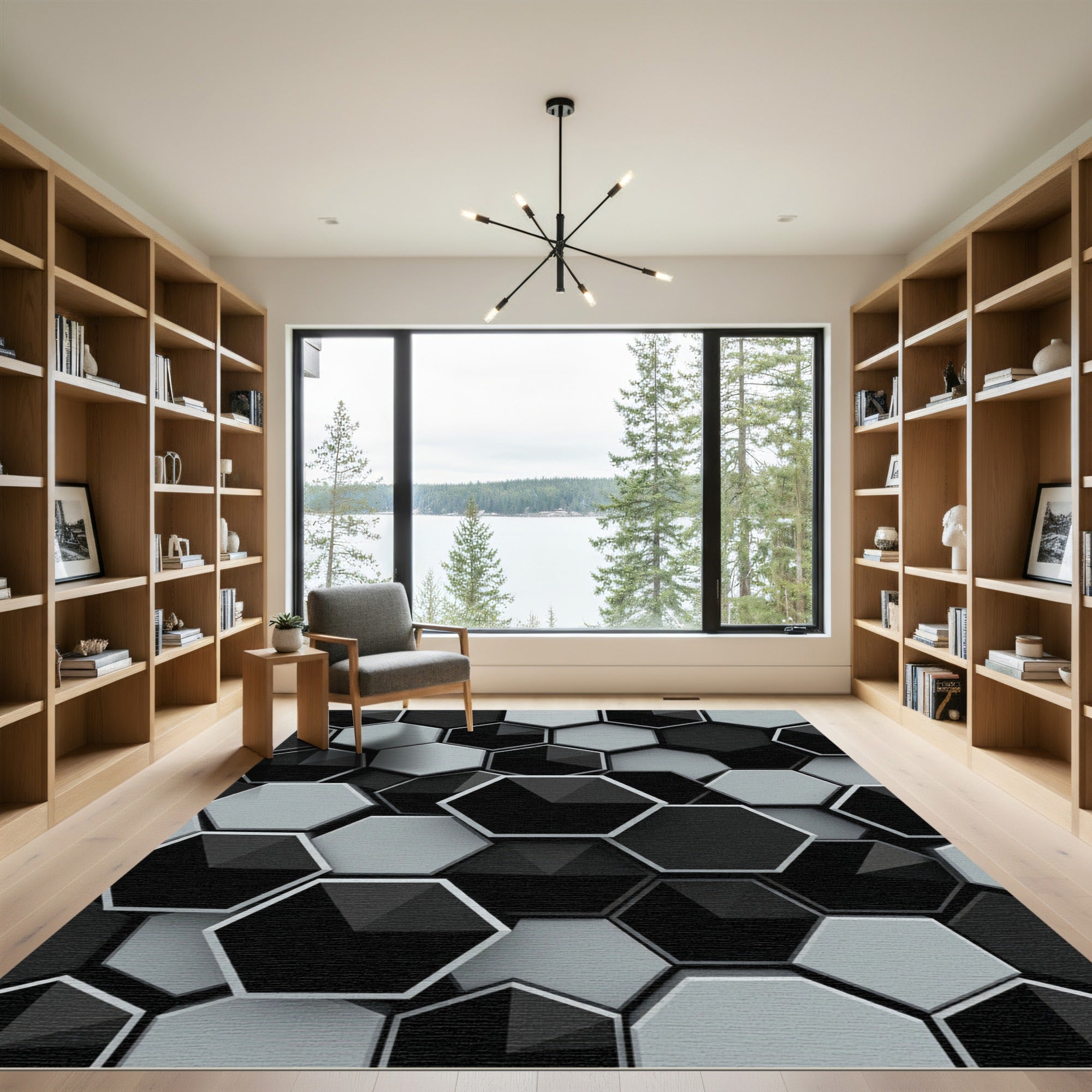 Hexagonal Black White Geometric Depth Rug
