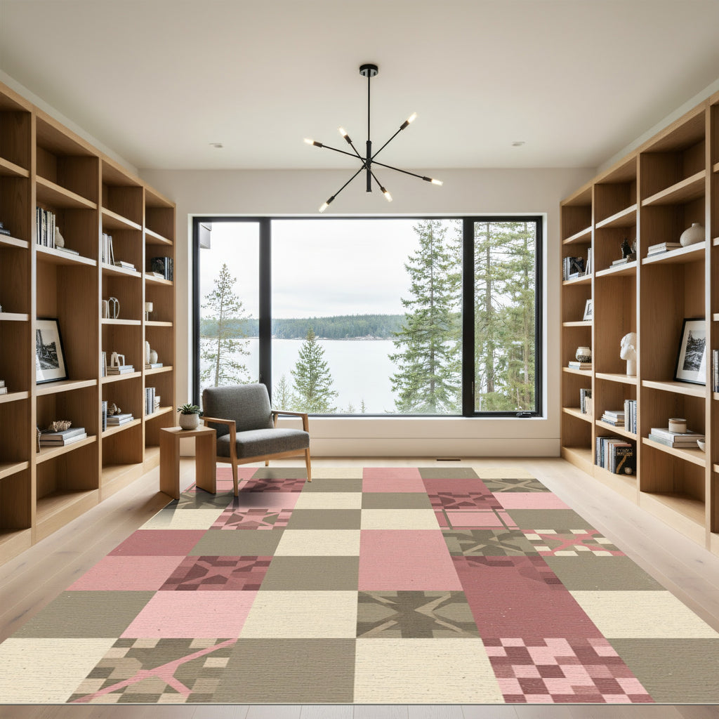 Dusty Rose Pink Geometric Blocks Accent Rug