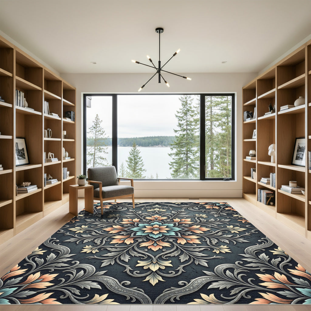 Elegant Teal and Peach Botanical Medallion Rug