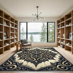 Ornate Gold Black Scrollwork Medallion Rug
