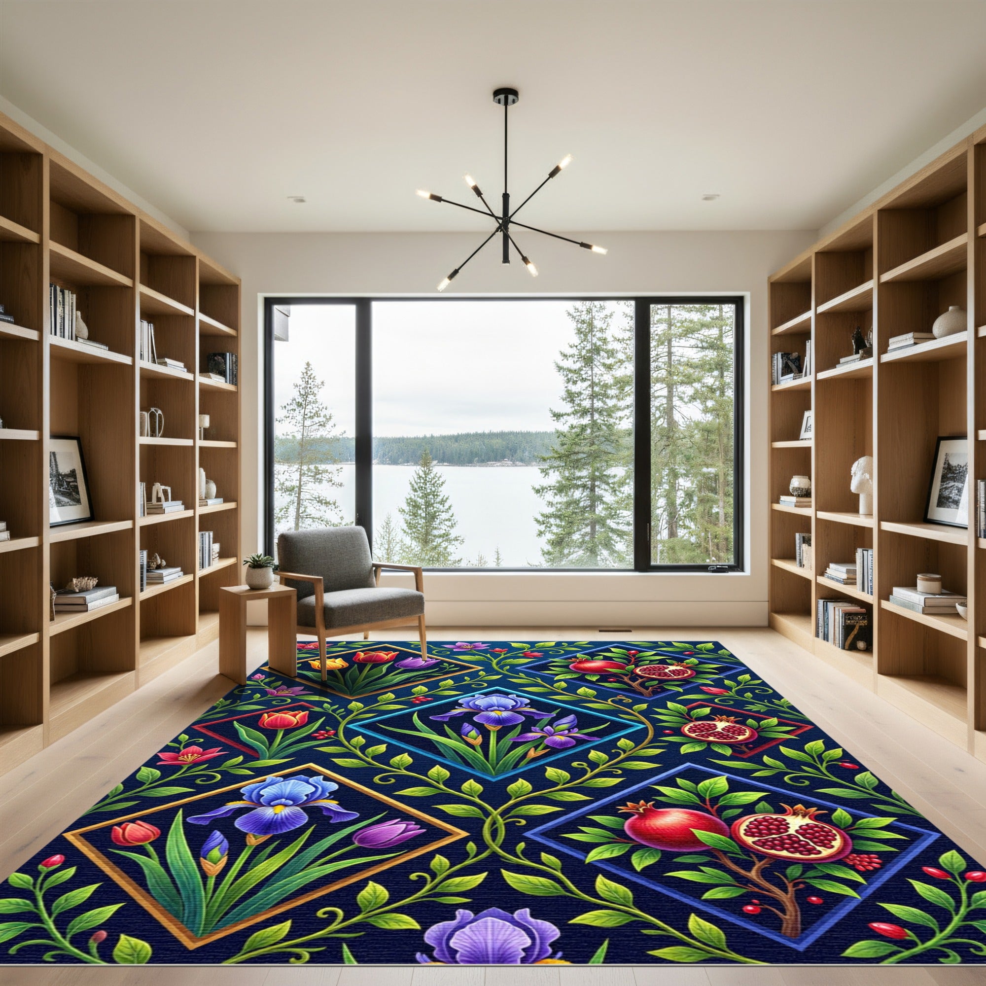 Vivid Botanic Pomegranate and Iris Tile Rug