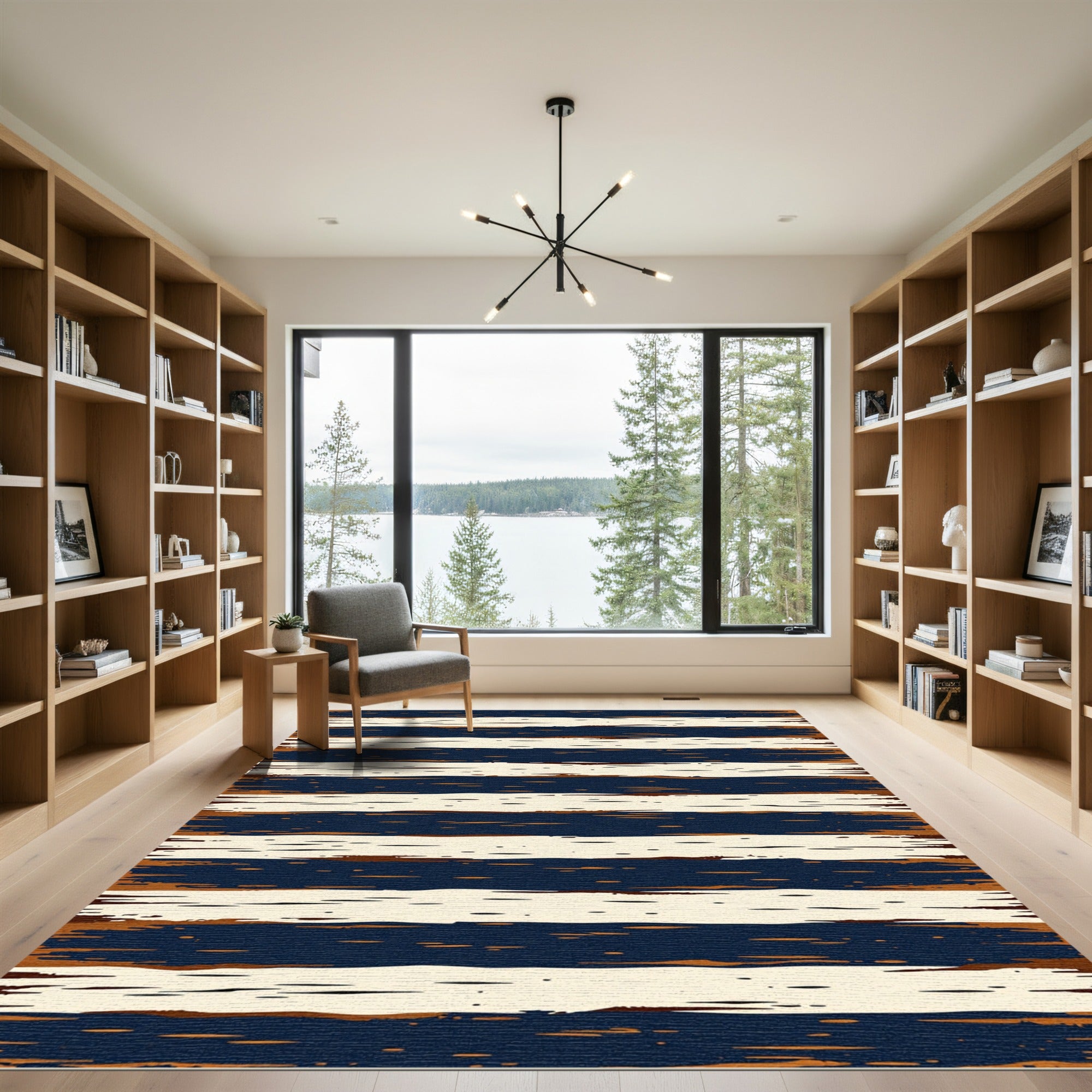 Navy and Cream Distressed Horizontal Stripe Rug