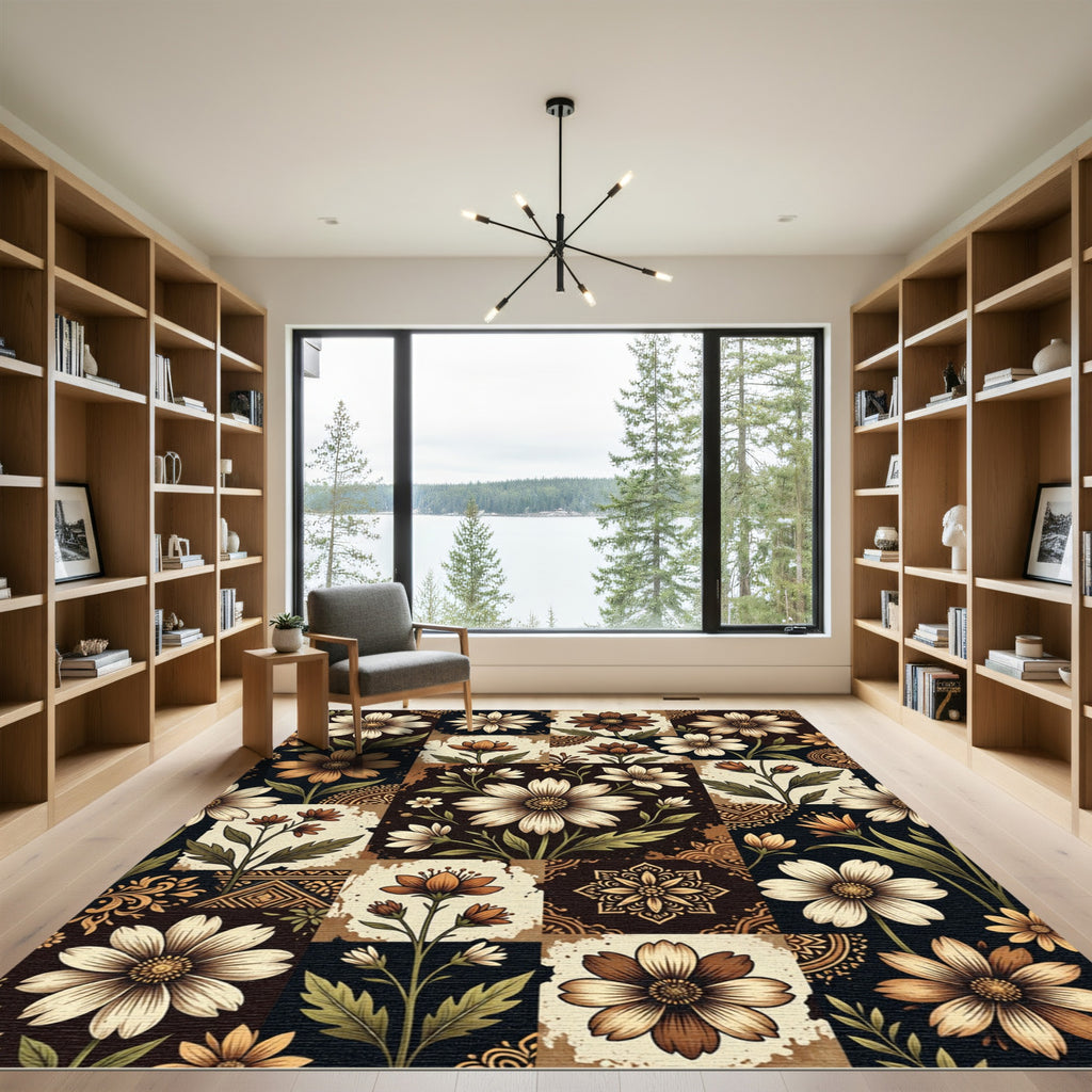 Earthy Floral Patchwork Botanical Tile Rug
