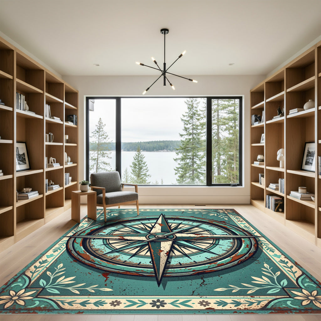 Distressed Teal Compass Nautical Wanderlust Rug