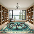 Distressed Teal Compass Nautical Wanderlust Rug